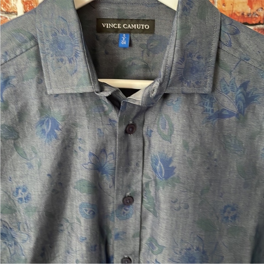 Vince Camuto Men's Dress Shirt Slim Fit Small floral flowers muted blue